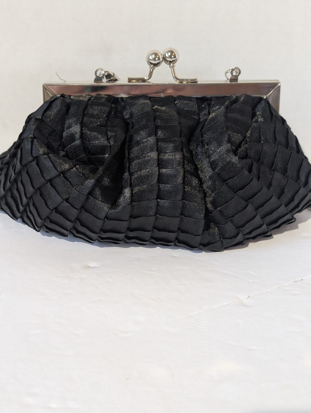 Bijoux Terner Black Satin Pleated Evening Clutch, Silver Chain, Kiss Lock